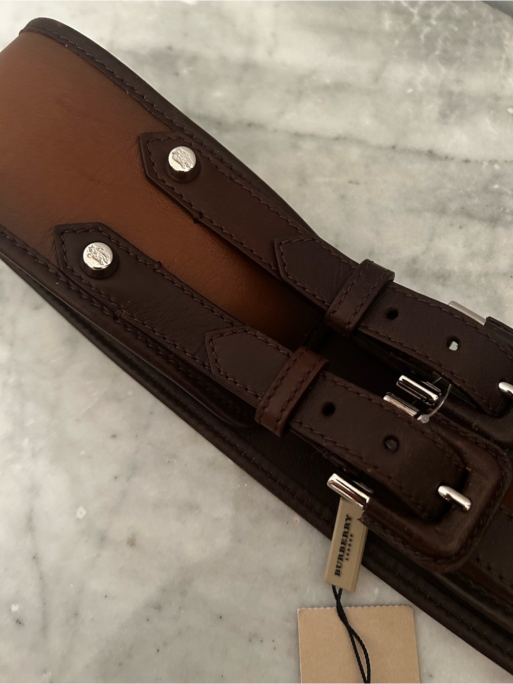 New Burberry Belt Equestrian Double Buckle Leather Brown M $430